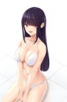  1girl absurdres bikini black_hair breasts brown_eyes cleavage collarbone cowboy_shot eyebrows_visible_through_hair highres long_hair looking_at_viewer marui_koishi medium_breasts navel original simple_background smile solo swimsuit tile_floor tiles white_background white_bikini 