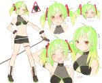  1girl ahoge alternate_hairstyle angry blush breasts clothing_cutout crying delutaya expressions fangs green_hair holding holding_microphone indie_virtual_youtuber looking_at_viewer microphone midriff miniskirt multiple_views navel okazaki_toru open_mouth skindentation skirt small_breasts thigh_strap twintails underboob underboob_cutout v-shaped_eyebrows virtual_youtuber 