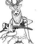  2016 3_fingers ambiguous_gender antelope anthro arm_tuft black_and_white black_nose bottomwear bovid carved_antlers carved_horn carved_horns carving cervid clothing dremel dremel_tool duo elbow_tufts engraved_horns engraving facial_markings fan_character fingers graphite_(artwork) hair half-closed_eyes head_markings hooved_fingers low_res lying male mammal markings monochrome narrowed_eyes on_back pants rotary_tool sarah_handlebach_(spiff) shirt shoulder_tuft simple_background sitting spiff striped_face stripes tank_top topwear towel_on_head traditional_media_(artwork) tuft white_background white_bottomwear white_clothing white_hair white_pants white_shirt white_tank_top white_topwear white_towel 