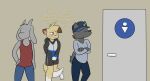  2018 absurd_res anthro bathroom black_body black_fur blue_eyes blush bodily_fluids bottomwear bovid canid canine canis caprine clothed clothing crossed_arms domestic_cat domestic_dog english_text faceless_character felid feline felis front_view fully_clothed fur goat group hand_on_hip hat headgear headwear hi_res holding_crotch hoodie male mammal multicolored_body multicolored_fur omorashi one_eye_closed pants ritz_(ritzcat) ritzcat shirt shorts solo_focus sweat sweatdrop tail_between_legs tank_top text thought_bubble topwear two_tone_body two_tone_fur white_body white_fur yellow_body yellow_fur 