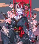  1girl absurdres ahoge alternate_costume alternate_hairstyle animal_skull blue_background blush bone bow cherry_blossoms closz colored_skin cow_skull eyebrows_visible_through_hair floral_print green_eyes grey_hair grey_skin hair_ornament hair_up heterochromia highres hololive hololive_indonesia japanese_clothes kanzashi kimono knot kureiji_ollie looking_at_viewer multicolored_hair obi open_mouth patchwork_skin red_bow red_hair sash solo spine two-tone_hair udin_(kureiji_ollie) yellow_eyes 
