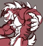  anthro claws fur glowing glowing_eyes hi_res istani lycanroc male midnight_lycanroc muscular muscular_anthro muscular_male nintendo nude open_mouth pecs pok&eacute;mon pok&eacute;mon_(species) red_body red_eyes red_fur sharp_teeth simple_background solo teeth tongue tongue_out video_games white_body white_fur 