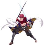  1boy applechoc cape dual_wielding emiya_shirou fate/grand_order fate_(series) fighting_stance flower full_body highres holding igote limited/zero_over looking_at_viewer male_focus red_hair sengo_muramasa_(fate) simple_background solo sword weapon white_background white_cape wristband yellow_eyes 