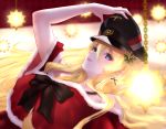  1girl adjusting_clothes adjusting_headwear alternate_costume azur_lane banned_artist bare_shoulders bismarck_(azur_lane) black_bow black_headwear blonde_hair blue_eyes blush bow chain christmas_ornaments dress fur-trimmed_dress fur_trim hat long_hair looking_at_viewer lying military_hat mior on_back peaked_cap pink_lips santa_dress solo upper_body 