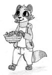  2016 3_toes ambiguous_gender anthro black_and_white bottomwear cheek_tuft clothed clothing eating facial_markings facial_tuft food fries graphite_(artwork) hair head_markings holding_food holding_object hoodie mammal markings mask_(marking) monochrome open_clothing open_topwear pants procyonid raccoon shirt simple_background solo spiff spiked_hair spiky_hair striped_face striped_tail stripes toes topwear traditional_media_(artwork) tuft walking white_background white_bottomwear white_clothing white_pants white_shirt white_topwear wide_eyed 