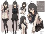  1girl absurdres ahoge barefoot black_footwear black_hair black_legwear black_skirt character_sheet closed_eyes closed_mouth full_body green_eyes hands_in_hair hatohouseplc highres looking_at_viewer open_mouth original pantyhose school_uniform skirt smile standing 