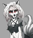  2021 anthro black_body black_fur bodily_fluids breasts canid canid_demon cheek_tuft chest_tuft clothing collar demon eyebrows eyelashes facial_tuft female fur grey_background grey_body grey_fur grey_hair hair half-closed_eyes head_tuft hellhound helluva_boss hi_res jesterwing loona_(vivzmind) mammal multicolored_body multicolored_fur narrowed_eyes notched_ear red_sclera simple_background solo spiked_collar spikes sweat torn_clothing tuft white_body white_eyes white_fur 