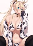  1girl akatsuki_ikki animal_ears animal_print bangs bare_shoulders bell bell_choker bikini black_legwear blonde_hair blue_eyes blush bradamante_(fate/grand_order) braid breasts choker cleavage closed_mouth collarbone cow_ears cow_print crown_braid fate/grand_order fate_(series) highres jacket large_breasts long_hair long_sleeves looking_at_viewer navel off_shoulder open_clothes open_jacket simple_background spread_legs squatting swimsuit thighhighs thighs twintails very_long_hair white_background white_bikini white_jacket 