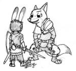  2016 3_toes 4_fingers ambiguous_gender armor belt belt_pouch black_and_white bracers canid canine clothing crouching dipstick_ears dipstick_tail disney duo ears_up eyebrows female fingers foot_wraps fox gloves graphite_(artwork) grey_gloves grey_nose half-closed_eyes handwear holding_object holding_shield holding_sword holding_weapon judy_hopps knee_pads lagomorph larger_male leporid looking_at_another male mammal melee_weapon monochrome motion_blur motion_lines multicolored_ears multicolored_tail narrowed_eyes nick_wilde pauldron rabbit raised_eyebrow scabbard scut_tail shield simple_background size_difference smaller_ambiguous spiff sword tapping_foot tattered_cape tattered_clothing thumping_foot toes traditional_media_(artwork) weapon white_background wraps zootopia 