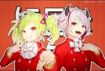  2girls character_request delutaya earrings fangs green_hair hair_behind_ear hand_on_own_chest horns indie_virtual_youtuber jewelry multicolored_hair multiple_girls okazaki_toru open_mouth red_eyes red_hair smile streaked_hair tied_hair triangle_earrings twintails virtual_youtuber white_hair white_neckwear 