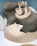  2021 anthro belly blush brown_body brown_fur canid canine fur hi_res humanoid_hands kemono live-a-hero male mammal overweight overweight_anthro overweight_male puss3250 raccoon_dog shoen solo tanuki video_games 