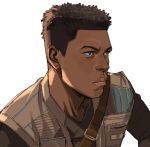  1boy absurdres brown_eyes brown_hair brown_jacket brown_shirt closed_mouth commentary dark_skin dark_skinned_male english_commentary finn_(star_wars) highres jacket lips looking_to_the_side male_focus serious shirt short_hair simple_background solo star_wars thisuserisalive upper_body white_background 