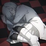 1boy akahito_(akaironotanin) akudama_drive bangs black_legwear boots checkered checkered_floor coat commentary_request curled_up cutthroat_(akudama_drive) fetal_position full_body glaring hair_between_eyes highres long_sleeves looking_at_viewer lying male_focus purple_eyes shadow shirt short_hair solo white_coat white_footwear white_hair white_shirt 