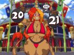  2021 anthro big_breasts bovid bovine breast_squish breasts cattle cleavage clothed clothing dumbbell etna_(mastergodai) female lingerie looking_at_viewer mammal mastergodai outside smile smiling_at_viewer solo speech_bubble squish text weights 