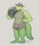  anthro barazoku biceps bulge chub_(disambiguation) clothing crocodilian dergum dinosaur farmer genitals hat headgear headwear hi_res lizard looking_at_viewer male male/male muscular muscular_male nipples nude penis reptile scalie simple_background slightly_chubby solo 