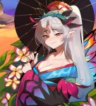  1girl breasts cleavage collarbone elf facial_mark fairy_wings fire_emblem fire_emblem_heroes flower forehead_mark holding holding_umbrella japanese_clothes kimono large_breasts lazymimium long_sleeves official_alternate_costume orange_eyes plumeria_(fire_emblem) pointy_ears ponytail silver_hair smile solo twitter_username umbrella watermark wide_sleeves wings 