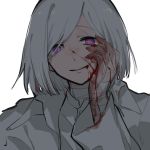  1boy akahito_(akaironotanin) akudama_drive backlighting bandaged_arm bandaged_neck bandages blood blood_on_face bloody_hands commentary crazy_eyes cutthroat_(akudama_drive) hair_between_eyes hand_on_own_cheek hand_on_own_face jacket looking_at_viewer male_focus purple_eyes shirt short_hair simple_background smile solo white_background white_hair white_jacket white_shirt 