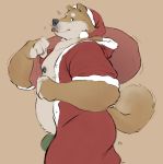  2020 anthro bag belly big_belly blep brown_body brown_fur bulge canid canine canis christmas christmas_clothing christmas_headwear clothing costume domestic_dog fur hat headgear headwear hi_res holidays looking_at_viewer male mammal minedoo nipple_piercing nipples overweight overweight_anthro overweight_male piercing santa_costume santa_hat shiba_inu smile solo spitz tongue tongue_out 