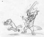  2016 3_toes 4_fingers ambiguous_gender anthro baseball_bat bat_(object) black_and_white black_nose bottomwear canid canine cheek_tuft clothing dipstick_ears dipstick_tail disney facial_markings facial_tuft fennec fingers finnick fox gloves_(marking) graphite_(artwork) group head_markings holding_back larger_male male mammal markings mask_(marking) monochrome motion_lines multicolored_ears multicolored_tail nick_wilde pants pawpads running scared shirt shorts simple_background size_difference sketch smaller_male species_request spiff toes topwear traditional_media_(artwork) tuft white_background white_bottomwear white_clothing white_pants white_shirt white_topwear zootopia 