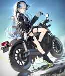  1girl assault_rifle blue_hair blue_sky clothes_writing commentary condensation_trail day facial_tattoo fuu_fuu girls_frontline gloves green_eyes ground_vehicle gun h&amp;k_hk416 hairband highres hk416_(girls_frontline) iron_cross key keychain long_hair long_sleeves looking_at_viewer mod3_(girls_frontline) motor_vehicle motorcycle outdoors pouch rifle sitting sky solo tattoo thigh_strap weapon white_gloves 