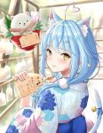  1girl ahoge animal_ears bangs bell blue_flower blue_hair blue_nails blue_ribbon blurry blurry_background blush calligraphy_brush card carnation cat_ears cat_tail commentary_request daifuku_(yukihana_lamy) eyebrows_visible_through_hair floral_print flower hair_ornament hairpin heart_ahoge highres holding holding_card holding_paintbrush hololive japanese_clothes jingle_bell kimono long_hair long_sleeves looking_at_viewer looking_back low_twintails nail_polish obi paintbrush parted_lips pink_flower pointy_ears ribbon riroi sash scrunchie solo tail translation_request twintails upper_body virtual_youtuber white_flower wide_sleeves yellow_eyes yukihana_lamy 