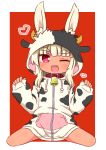  1girl ;d animal_ear_fluff animal_ears animal_hood bangs bell bell_collar blonde_hair bunny_ears chinese_zodiac collar commentary_request cow_ears cow_hood cow_horns ears_through_headwear eyebrows_visible_through_hair fake_animal_ears fake_horns full_body hands_up heart heart-shaped_pupils highres hood hood_up hooded_jacket horns jacket long_hair long_sleeves masurao_(sekaiju) naga_u one_eye_closed open_mouth pinching_sleeves puffy_long_sleeves puffy_sleeves red_background red_collar red_eyes sekaiju_no_meikyuu sekaiju_no_meikyuu_5 sidelocks sitting sleeves_past_wrists smile solo symbol-shaped_pupils thick_eyebrows two-tone_background wariza white_background white_jacket year_of_the_ox 