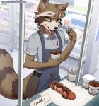  anthro apron big_penis brown_body brown_fur candy chocolate clothed clothing cutlery dessert erection food food_fetish food_play fur genitals hi_res kitchen_utensils looking_at_viewer male mammal open_mouth open_smile partially_clothed penis procyonid pudding raccoon riska_(artist) ryai_(character) shopping_cart smile solo spoon supermarket teeth text tools url white_body white_fur yellow_eyes 