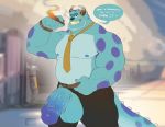  2021 anthro balls beard belt blue_body bottomwear cigar clothed clothing dialogue disney english_text facial_hair flaccid flufflecraft genitals hi_res horn humanoid_genitalia humanoid_penis looking_at_viewer male mammal monster monsters_inc multicolored_body musclegut muscular muscular_anthro muscular_male necktie nipples open_mouth open_smile pants penis pixar poking_out purple_spots smile smoke smoking solo spots spotted_body standing sulley talking_to_viewer teeth text topless topless_male two_tone_body wristband 