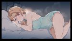  1girl alp bangs bare_legs bare_shoulders barefoot bed blush breasts brown_hair closed_mouth commentary_request dress eyebrows_visible_through_hair head_on_pillow indoors koizumi_hanayo large_breasts looking_at_viewer love_live! love_live!_school_idol_project lying night on_bed on_side pillow purple_eyes short_hair smile solo 