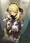  1girl animal_print blonde_hair breastless_clothes breasts covered_nipples cow_girl cow_horns cow_print cynthia_(pokemon) elbow_gloves gloves hair_over_one_eye hairband horns large_breasts long_hair opening_door pokemon pokemon_(anime) pokemon_(game) pokemon_bw pokemon_bw2 pokemon_dppt see-through solo sweat takezumi_(takezumi_ero) thighhighs 