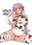  1girl 2021 animal_ears animal_print ass_visible_through_thighs bb_(fate)_(all) bracelet breasts cow_ears cow_girl cow_horns cow_print dark_skin fate/grand_order fate_(series) frills garter_straps gloves horns jewelry k52 large_breasts leotard long_hair playing_with_own_hair purple_hair ribbon sitting solo 