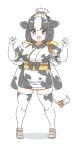  1girl adapted_costume animal_ears animal_print bell black_hair blush bow commentary_request cow_ears cow_girl cow_print cow_tail extra_ears eyebrows_visible_through_hair full_body hair_bow hair_bun highres holstein_friesian_cattle_(kemono_friends) japanese_clothes kemono_friends kimono mitsumoto_jouji multicolored_hair orange_bow print_kimono print_legwear short_hair solo tail tail_bell tail_bow tail_ornament thighhighs tied_sleeves two-tone_hair white_footwear white_hair zettai_ryouiki 