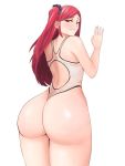  1girl ass back bikini ears embarrassed eyebrows eyebrows_visible_through_hair hair hands highres huge_ass last_origin looking_at_viewer ornament red red_eyes red_hair simple_background swimsuit thick_thighs thighhighs thighs 