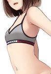  1girl :d bare_shoulders blush bob_cut brand_name_imitation breasts brown_hair cleavage clothes_writing collarbone commentary_request head_out_of_frame highres kapatarou navel open_mouth original short_hair small_breasts smile solo sports_bra stomach upper_body 