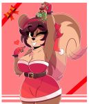  abstract_background absurd_res anthro belt blush border brown_body brown_fur chest_tuft christmas christmas_clothing christmas_headwear clothing dress female fingerless_gloves fluffy fluffy_tail front_view fur gesture gloves hair hand_gesture handwear hat headgear headwear heart_symbol hi_res holding_object holidays holly_(plant) lingonberry looking_at_viewer mammal mistletoe one_eye_closed plant pointing pointing_at_self purple_hair raised_arm red_clothing red_dress red_gloves red_handwear red_hat red_headwear rodent santa_hat sciurid shelly_bélier solo tail tan_body tan_fur tree_squirrel tuft white_border white_clothing white_dress wink wireless_shiba wristband 