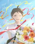  1boy ;d ahoge bangs bouquet brown_eyes brown_hair collared_shirt commentary_request confetti danganronpa_(series) danganronpa_2:_goodbye_despair flower happy_birthday highres hinata_hajime holding holding_bouquet looking_at_viewer male_focus necktie one_eye_closed open_mouth orange_flower petals pink_flower ribbon shirt short_hair sky smile solo upper_body white_flower white_shirt yana_(87ng0) yellow_flower 