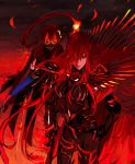  1boy 1girl bangs black_bodysuit black_cape bodysuit brother_and_sister cape enilefilnoztlaw fate/grand_order fate_(series) fire hair_between_eyes hair_over_one_eye highres long_hair mask monochrome oda_nobukatsu_(fate/grand_order) oda_nobunaga_(fate)_(all) oda_nobunaga_(maou_avenger)_(fate) red_cape red_hair red_theme siblings very_long_hair 