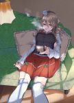 1girl bangs breasts brown_eyes cigarette corset couch cushion frilled_skirt frills grey_hair hair_between_eyes hat highres holding indoors kantai_collection lamp large_breasts lighter long_hair long_sleeves looking_at_viewer mouth_hold pola_(kantai_collection) reclining red_skirt shishanmo sitting skirt smoke smoking solo thighhighs wavy_hair white_legwear 