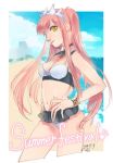  1girl beach bikini bikini_bottom bikini_top bracelet choker dated english_text fate/grand_order fate_(series) from_side hand_on_hip jewelry long_hair looking_at_viewer medb_(fate)_(all) medb_(fate/grand_order) medb_(swimsuit_saber)_(fate) nishiyama_(whatsoy) outdoors pink_hair shiny signature skirt sky smile solo star_(symbol) swimsuit tiara twintails type-moon yellow_eyes 