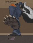  5_toes anthro barefoot claws dialogue english_text feet foot_fetish foot_focus group hi_res kclt low-angle_view male mammal mephitid micro shrinking size_transformation skunk soles text toe_claws toes transformation 