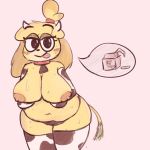  1:1 animal_crossing animal_print anthro armwear belly big_breasts blush bodily_fluids bovid bovine breasts canid canine canis cattle clothing collar cow_print cowbell domestic_dog drabbella female hi_res horn isabelle_(animal_crossing) legwear mammal milk navel nintendo panties shih_tzu simple_background slightly_chubby solo speech_bubble sweat thick_thighs thigh_highs tongue tongue_out toy_dog underwear video_games 