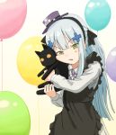  1girl absurdres animal animal_hug apron balloon black_apron black_cat cat facial_mark girls_frontline green_eyes hair_ornament hat headband highres hk416_(girls_frontline) hug huge_filesize long_hair mini_hat official_alternate_costume smile solo tilted_headwear vneckstore younger 