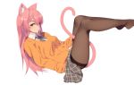  1girl animal_ear_fluff animal_ears between_legs bow bowtie braid breasts brown_legwear candy cardigan cat_ears cat_girl cat_tail copyright_request food food_in_mouth from_side grey_bow grey_neckwear grey_skirt highres legs legs_up lollipop long_hair long_sleeves looking_at_viewer looking_to_the_side lying medium_breasts miniskirt no_shoes on_back orange_cardigan orange_eyes pantyhose pink_hair plaid plaid_neckwear plaid_skirt simple_background skirt solo tail thighband_pantyhose very_long_hair white_background wing_collar xu_ni 
