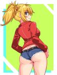  1girl ass blonde_hair blush breasts butt_crack casual commentary commission contemporary cougar_(cougar1404) denim fate/apocrypha fate_(series) from_behind green_eyes grin hairband jacket jeans memories_at_trifas mordred_(fate) mordred_(fate)_(all) pants ponytail red_hairband red_jacket skeb_commission smile solo 
