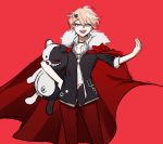  1boy :d bangs bear_hair_ornament black_neckwear black_pants blonde_hair blue_eyes bow cape choker collarbone cowboy_shot danganronpa:_trigger_happy_havoc danganronpa_(series) doll_hug enoshima_junko fur-trimmed_cape fur_trim genderswap genderswap_(ftm) hair_ornament hairclip hand_up highres holding jewelry looking_at_viewer male_focus monokuma multicolored_neckwear necklace necktie no_(xpxz7347) open_mouth pants red_background red_bow red_cape red_pants shirt simple_background smile solo stuffed_animal stuffed_toy teddy_bear upper_teeth white_neckwear 