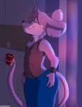  absurd_res anthro beverage blue_eyes bottomwear clothing ear_piercing eyewear girly glasses head_tuft hi_res holding_object_with_tail looking_at_viewer male mammal mouse mouse_tail murid murine pants piercing rodent sleeveless smile smirk solo spottedsqueak tuft wide_hips 