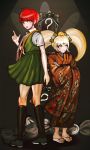  2girls ? ahoge bangs black_legwear blonde_hair blunt_bangs brown_kimono bullet_print cat_hair_ornament commentary crossed_arms danganronpa_(series) danganronpa_2:_goodbye_despair dress english_commentary floral_print freckles from_behind full_body green_dress hair_ornament hamster highres iei japanese_clothes kimono kneehighs koizumi_mahiru long_hair looking_at_viewer looking_back multiple_girls necktie official_style pinafore_dress red_eyes red_hair saionji_hiyoko sandals school_uniform shirt short_hair short_sleeves skirt sozzaydr standing twintails very_long_hair white_hair yellow_eyes 