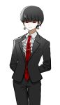  1boy alternate_costume arms_behind_back ascot bangs black_hair black_jacket black_pants blunt_bangs celestia_ludenberg collared_shirt cowboy_shot danganronpa:_trigger_happy_havoc danganronpa_(series) earrings formal genderswap genderswap_(ftm) jacket jewelry looking_at_viewer male_focus necktie no_(xpxz7347) pants red_eyes red_neckwear shirt short_hair simple_background smile solo standing tie_clip white_background white_shirt 