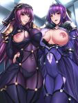  2girls armor bangs blush bodysuit breasts fate/grand_order fate_(series) fur_collar hair_between_eyes highres large_breasts long_hair looking_at_viewer multiple_girls navel navel_piercing nipple_piercing nipples open_mouth pauldrons piercing purple_hair red_eyes sadakage scathach_(fate)_(all) scathach_(fate/grand_order) scathach_skadi_(fate/grand_order) shoulder_armor smile thighs tiara veil 