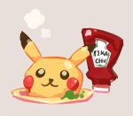  bottle character_name commentary_request donuttypd food gen_1_pokemon grey_background ketchup no_humans pikachu plate pokemon simple_background sketch steam still_life 